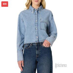 Oversized Cropped Chambray Denim Shirt Women's Top, M, also fits L
